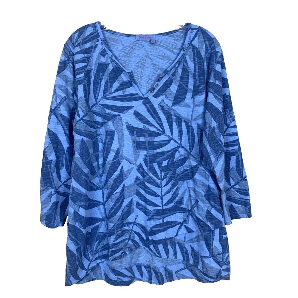 Fresh Produce Womens M Tunic Top Blue Tropical 3/4 Sleeve Palm Tree Print Henley